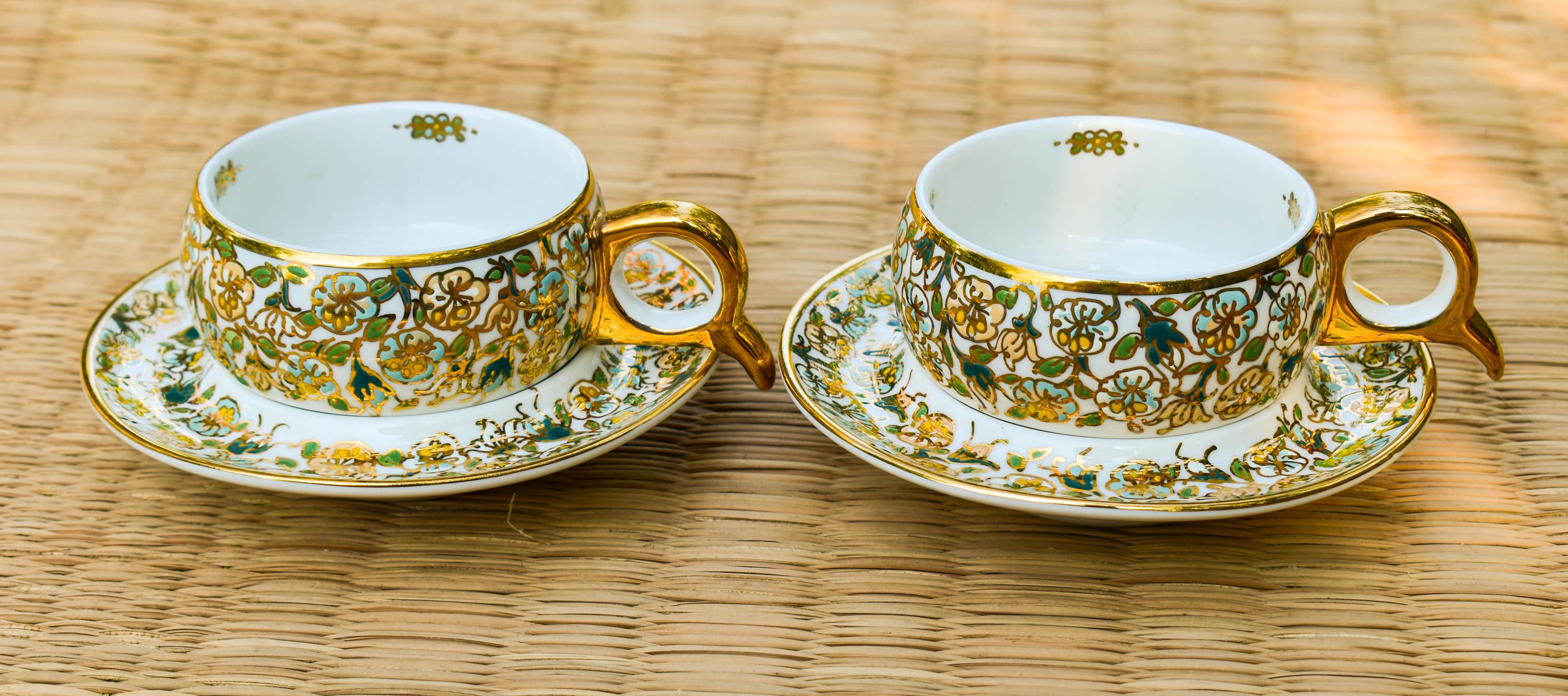 タイ王室御用達超高級ベンジャロン18K盛りカップ＆ソーサー2客 【公式