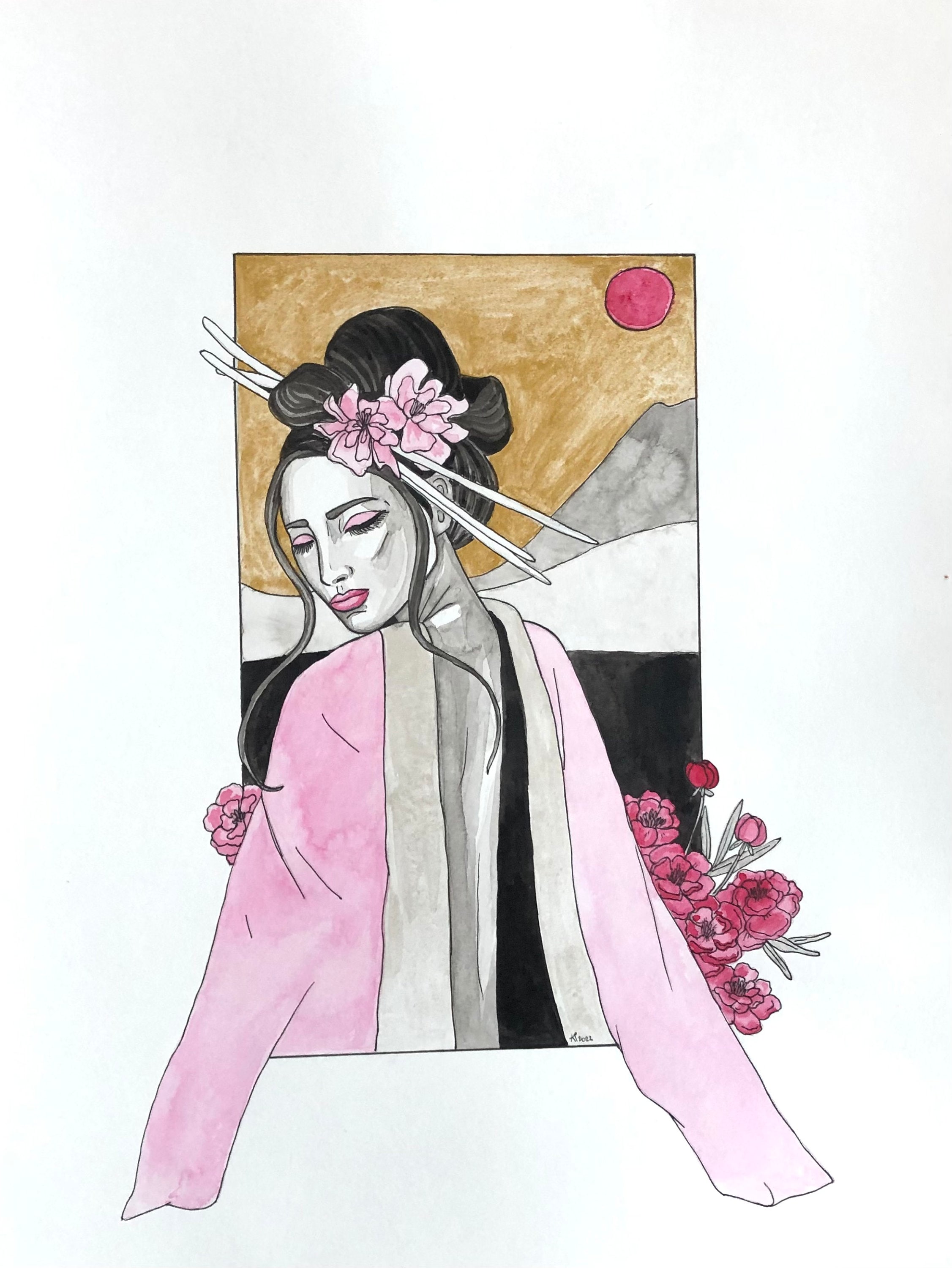 Geisha Drawing Japanese Woman Portrait Oriental Wall Art Japanese