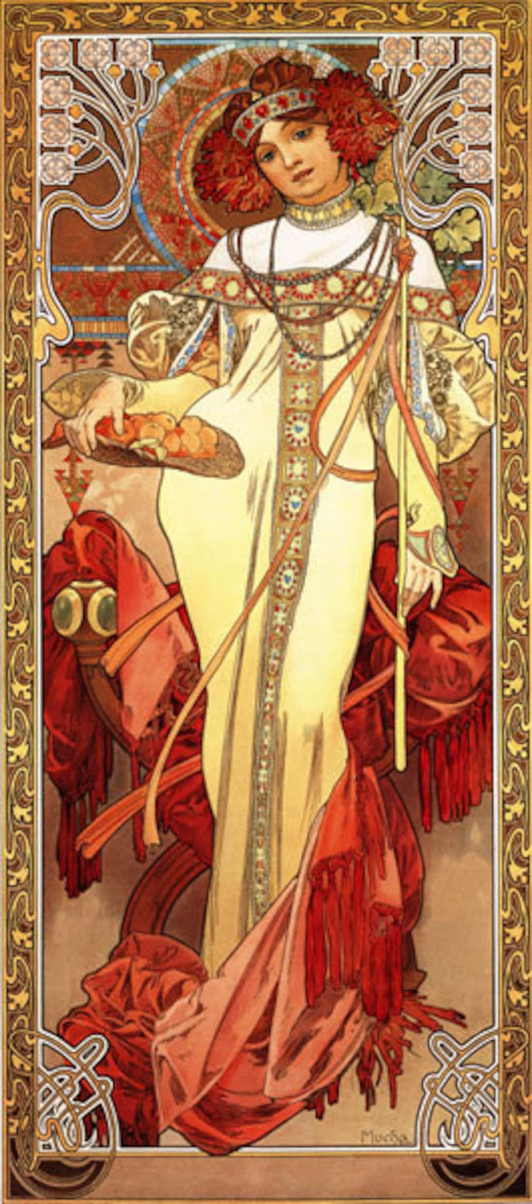 Mucha Fashion Lady With a Fruit Basket Red Hair Flower by Alphonse