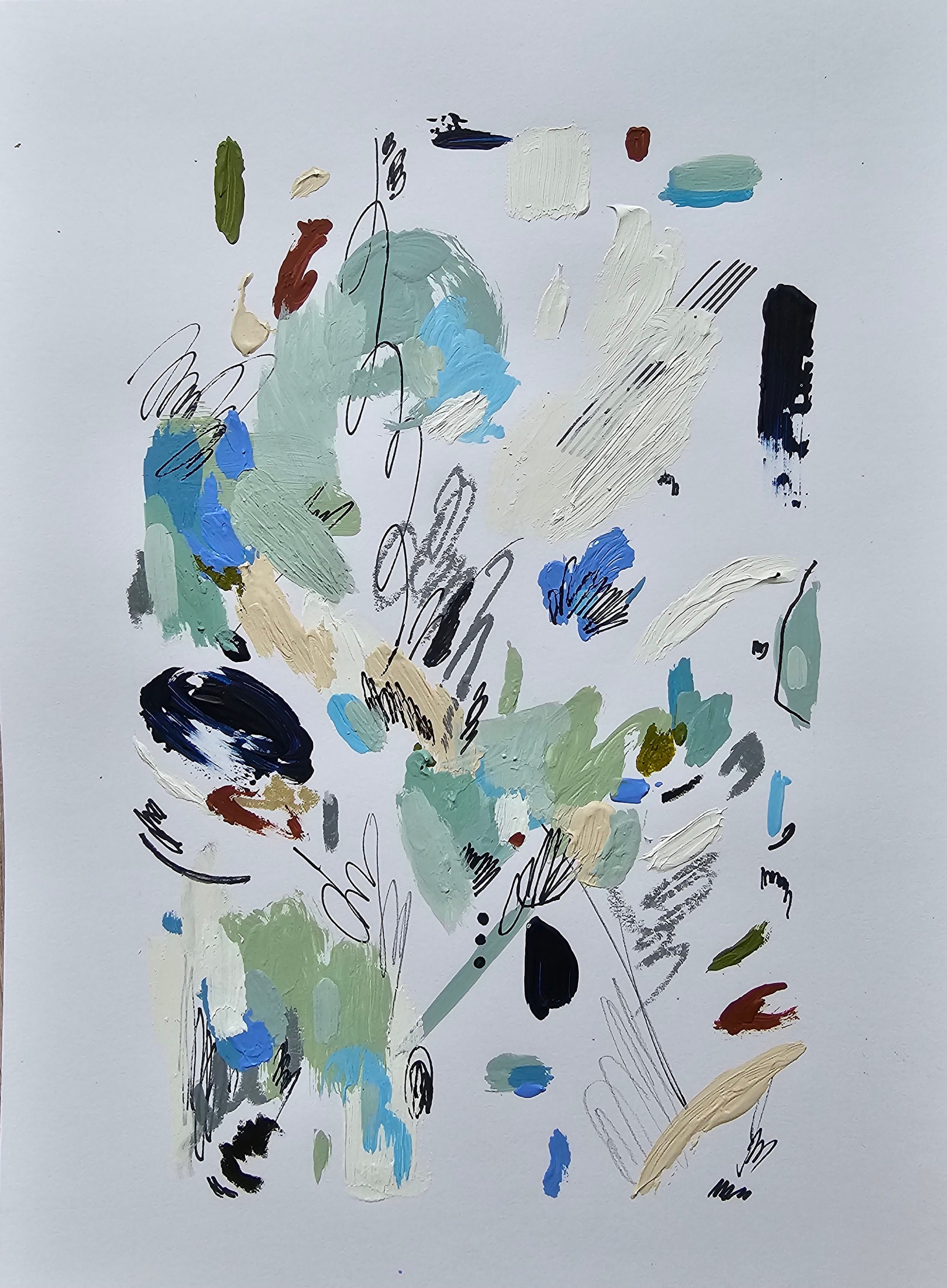 オリジナルの抽象的なミクストメディア絵画：青と白のテクスチャA4