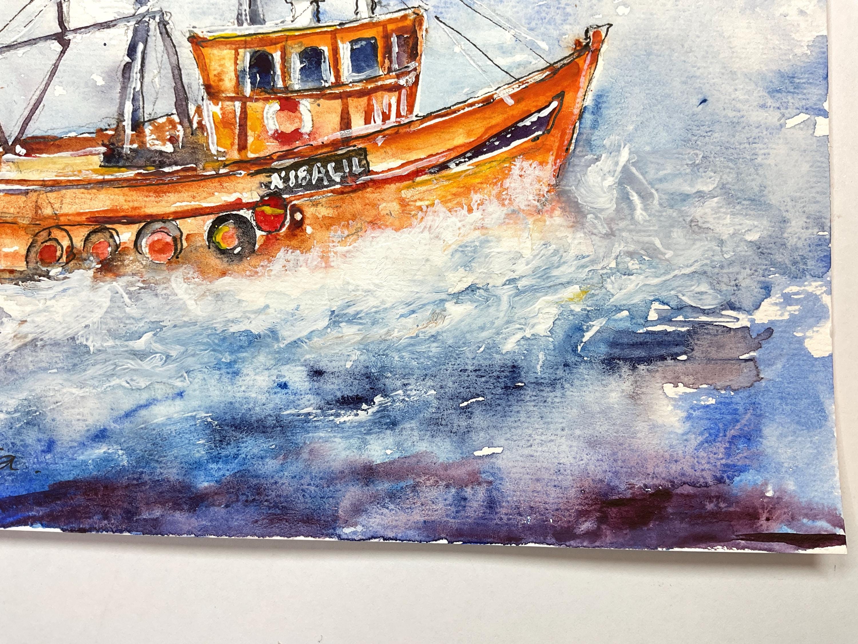 外洋に浮かぶカラフルな漁船の絵画、漁船の水彩画、海の風景、海の