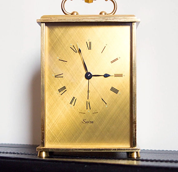 Swiza Golden Brass Mantel Table Carriage Clock: 8-day Swiss