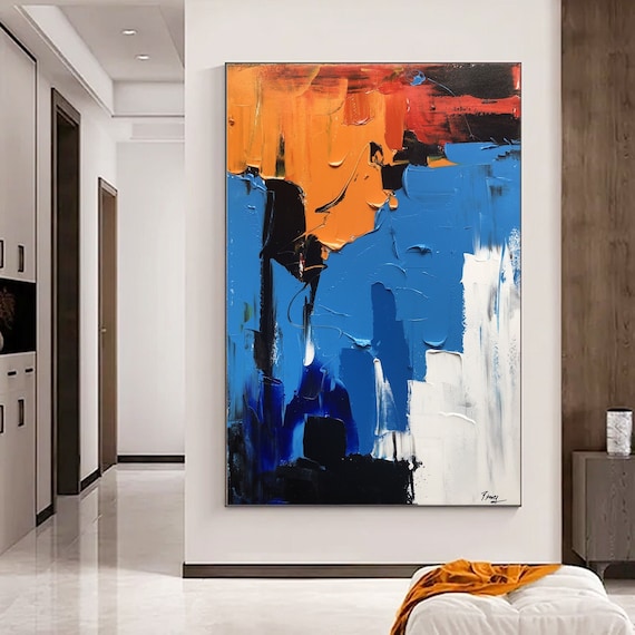 青とオレンジの抽象画 青いテクスチャの絵画 白いアクリル画 大きな