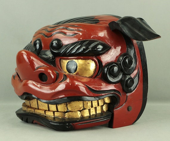 獅子頭 日本製 古漆塗り 金箔 目と歯付き 獅子舞頭 面 神楽 獅子頭