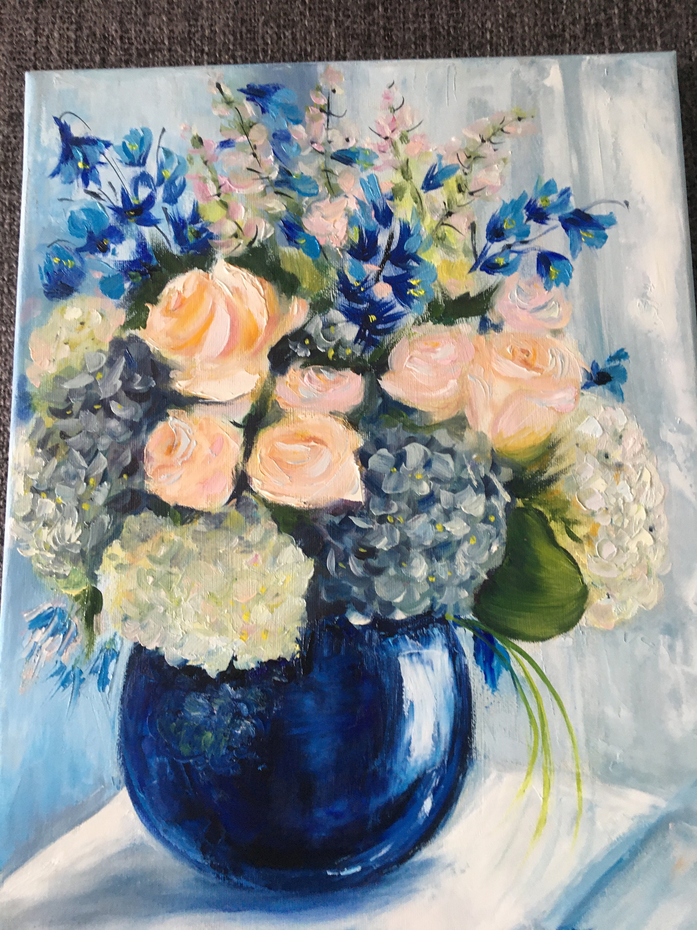 キャンバス油絵 専用 カラフルなお花をたくさん入れた花瓶 happy