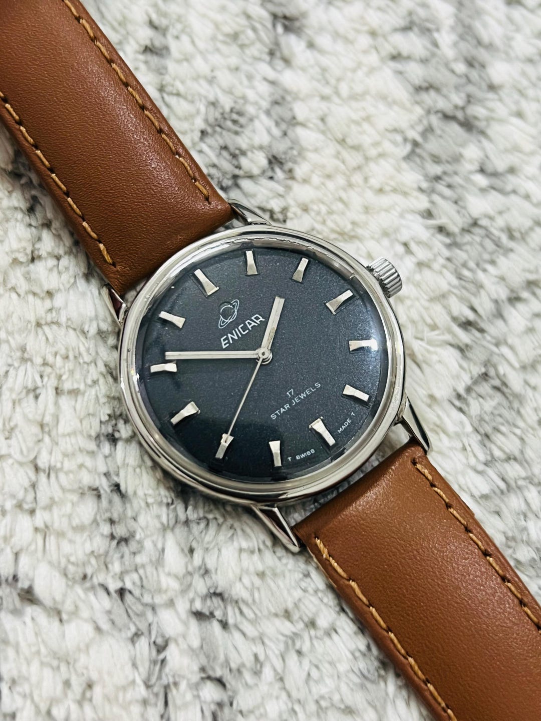 Vintage Enicar 17 Star Jewels Manual Winding Black Dial Swiss Made