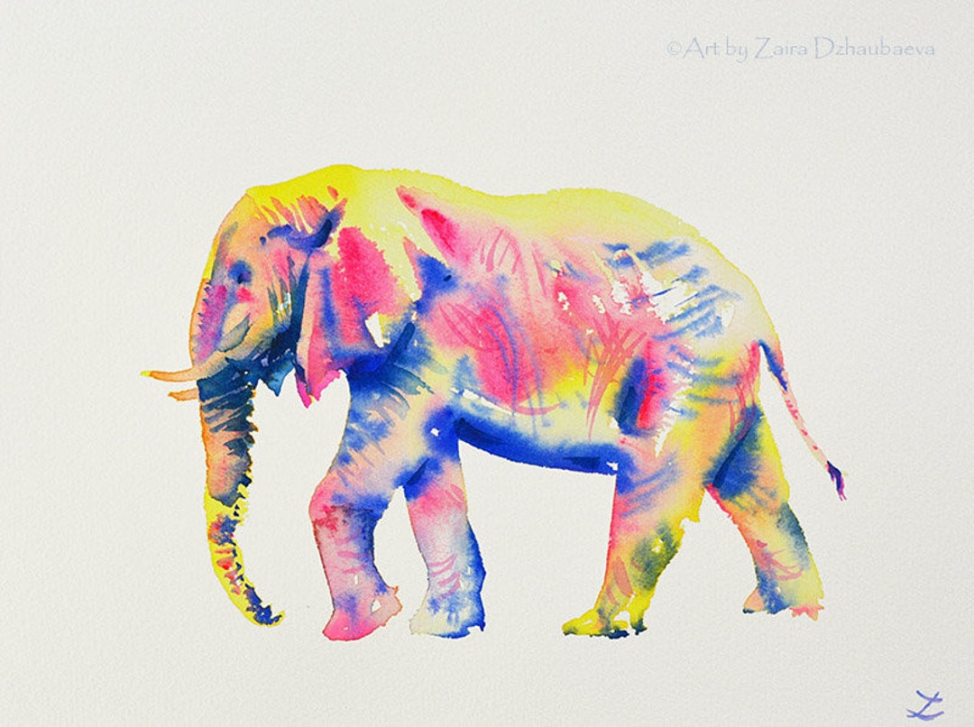 カラフルな象のオリジナル水彩画 レインボー象 風水 野生動物 動物