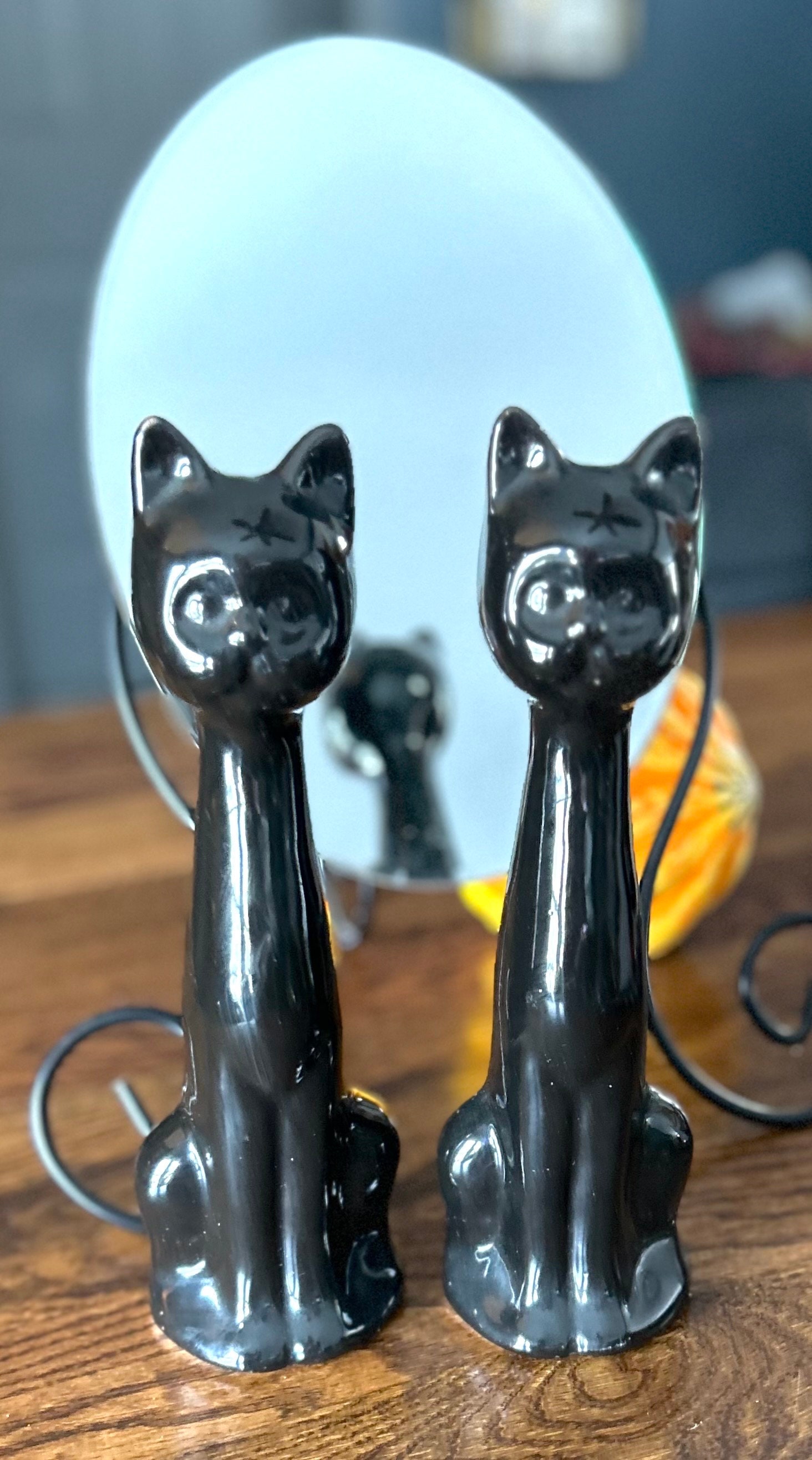 Vintage Black Cat Tall Necks PAIR Pottery Figures Bookends, Two