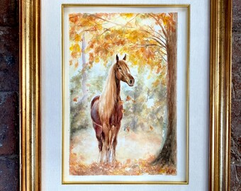 オリジナルの水彩画「馬の絵画」：秋の風景画 - Etsy 日本