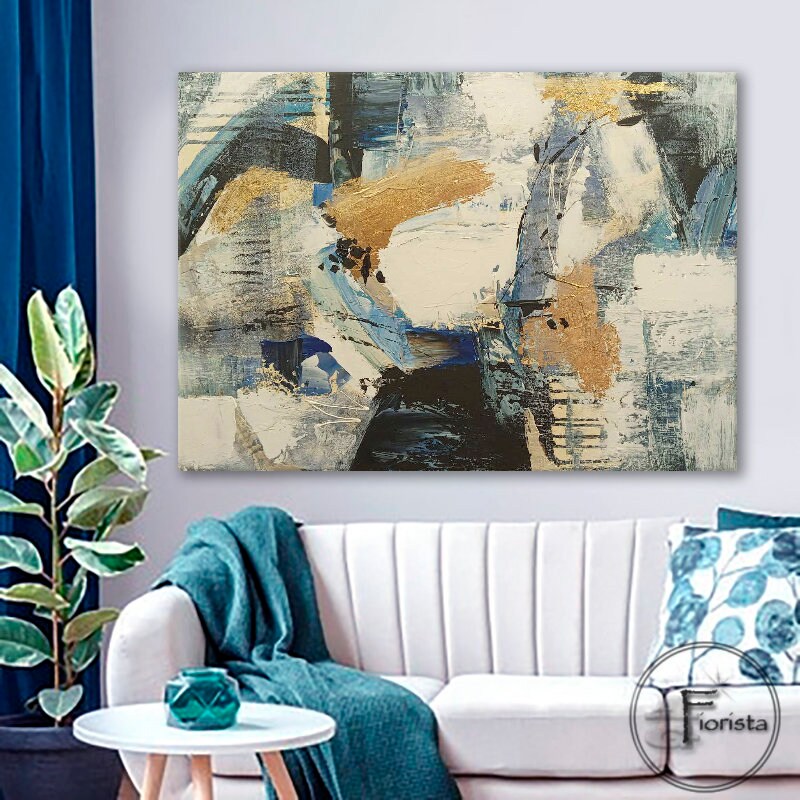 大きなオリジナル抽象画、カラフルな絵画、金箔の油絵、リビングルーム