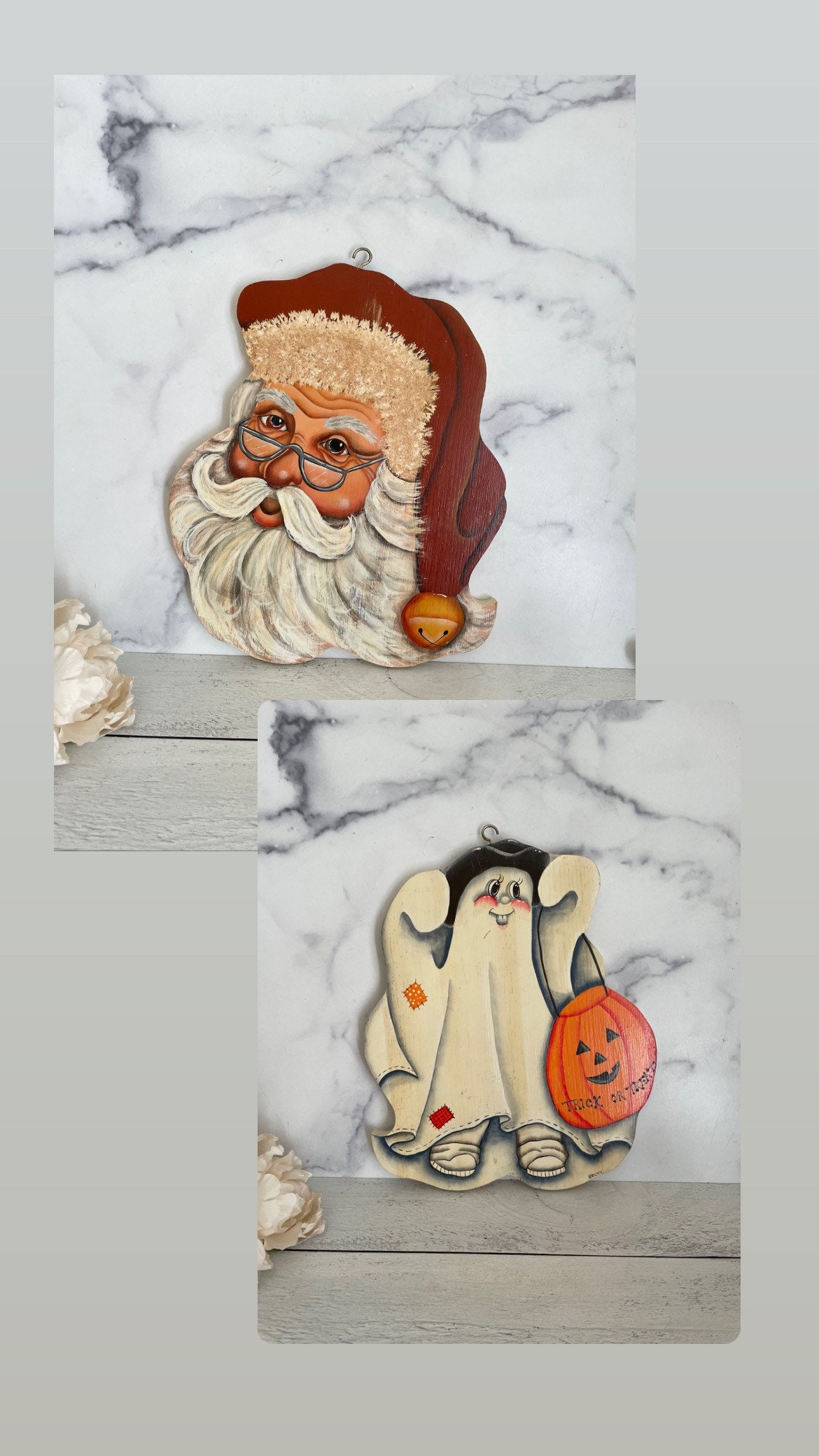 ヴィンテージARTサイン入りサンタ2体 Double Sides Hand Painted Santa