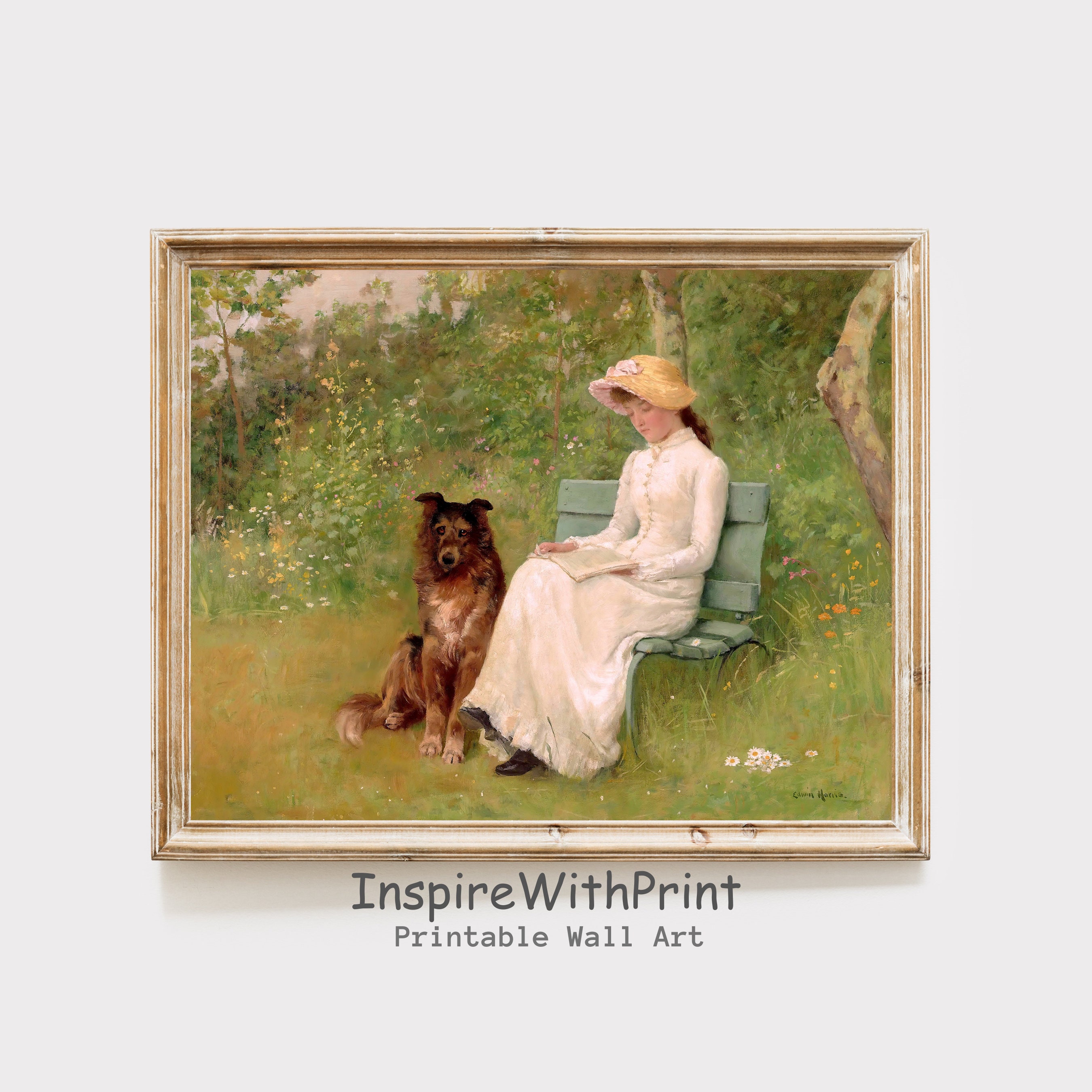 antique picture ❀* 女の子とワンちゃんのいる 版画プリント