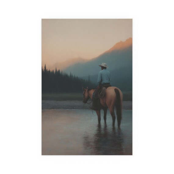 絵画 油彩 夕暮れのカウボーイと馬 牧場風景 ウエスタンアート Y183 真