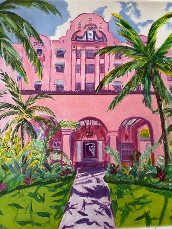 水彩画 ワイキキ ロイヤルハワイアンホテル 4神園正美の透明水彩画