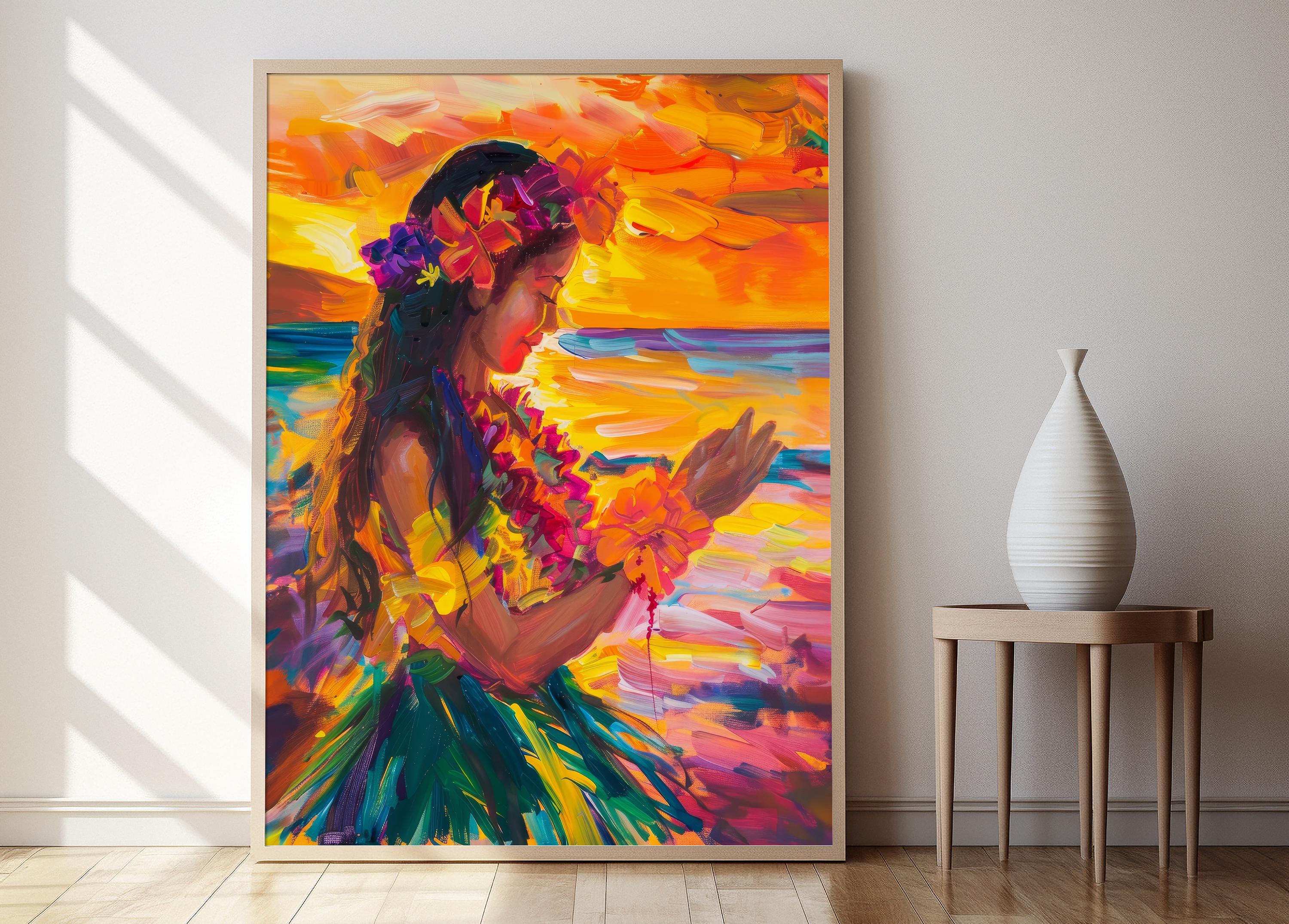 ハワイアンフラダンサーのアートプリント：鮮やかなトロピカルな壁飾り