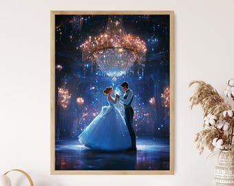 シンデレラのガラスの靴のアートプリント、月明かりに照らされた王宮の