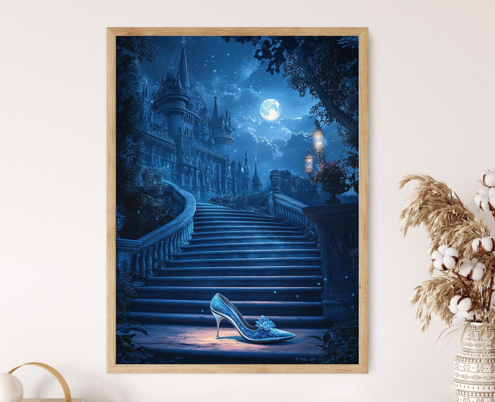シンデレラのガラスの靴のアートプリント、月明かりに照らされた王宮の