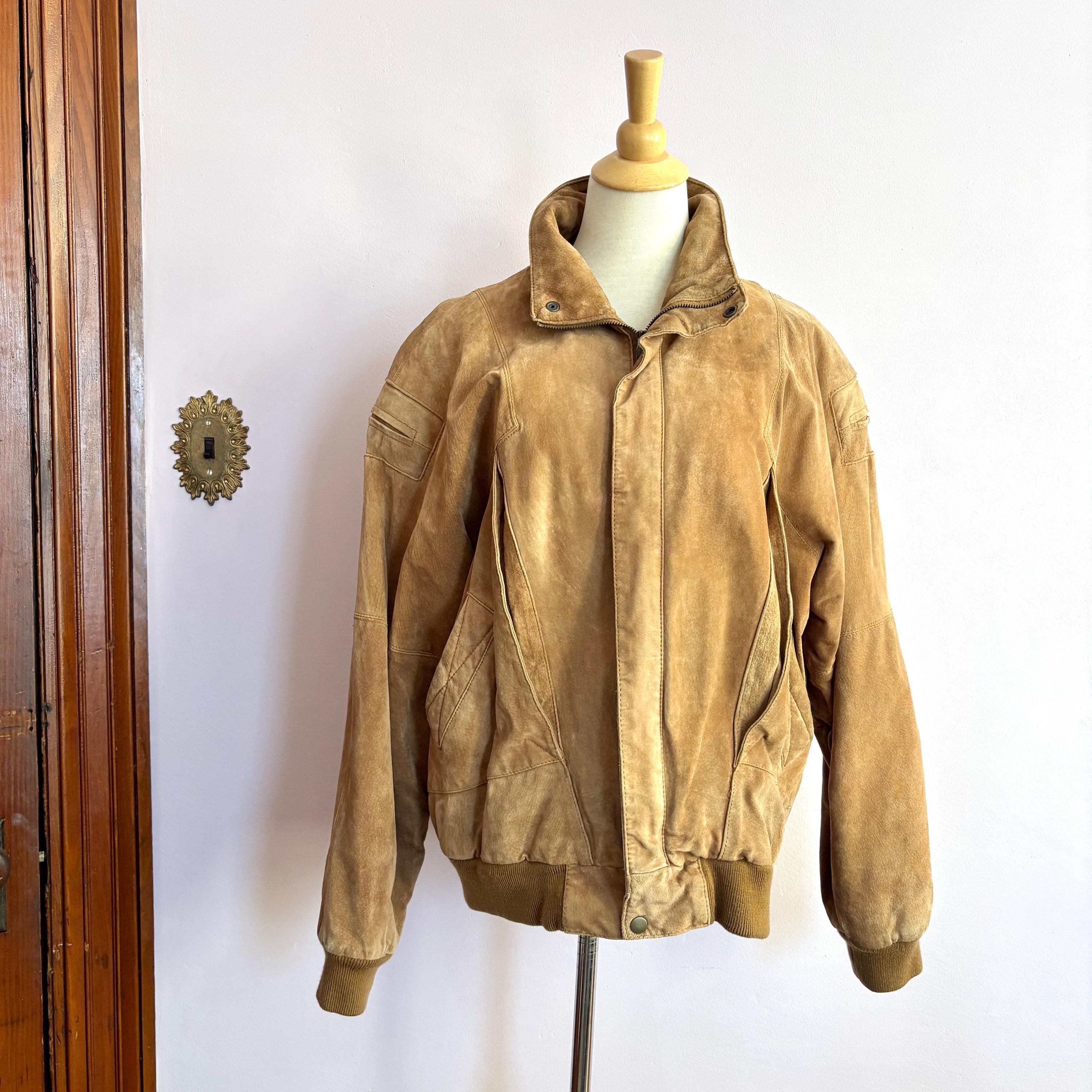 Size Large Vintage Brown Suede Leather Bomber Jacket, Men Women