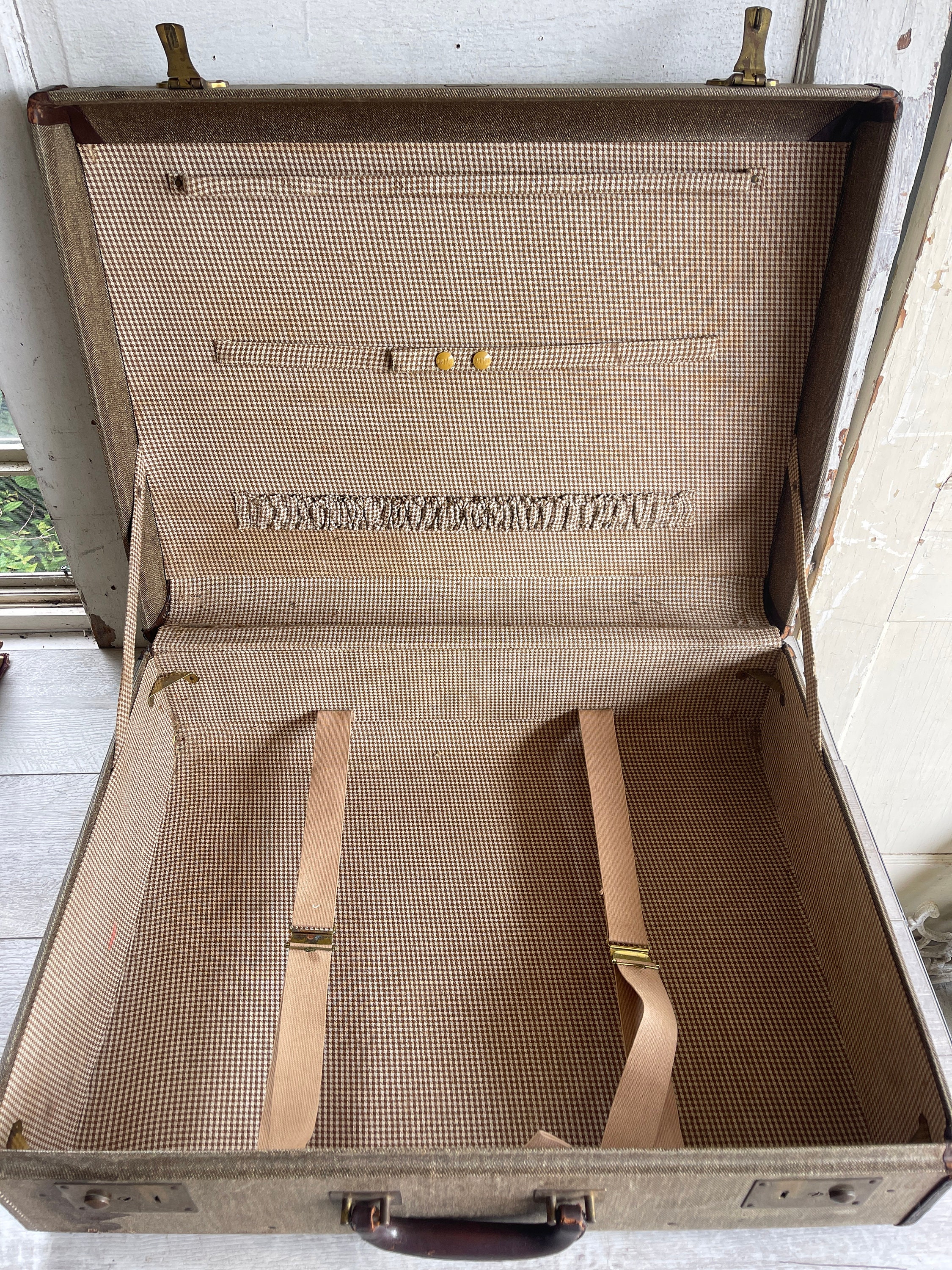 Vintage Suitcase Hartmann Brass Buckle Houndstooth Luggage - Large