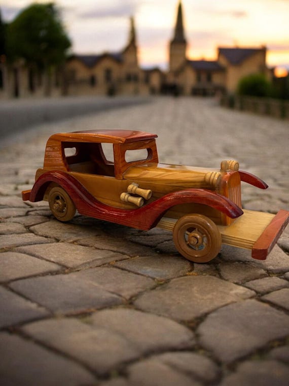手作り木製クラシックカーおもちゃ：ヴィンテージスタイルの素朴な装飾