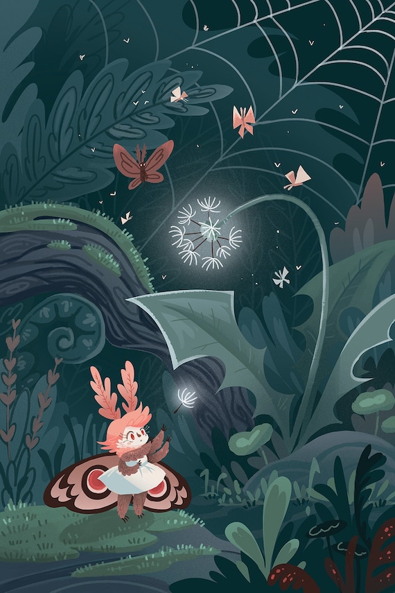 Gathering Glowylion Fluff 8x12 Cute Moth Girl Art Print - Etsy