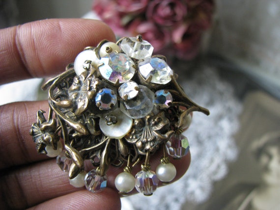 Vintage Miriam Haskell Style Brooch, Brass Filigree Rhinestone