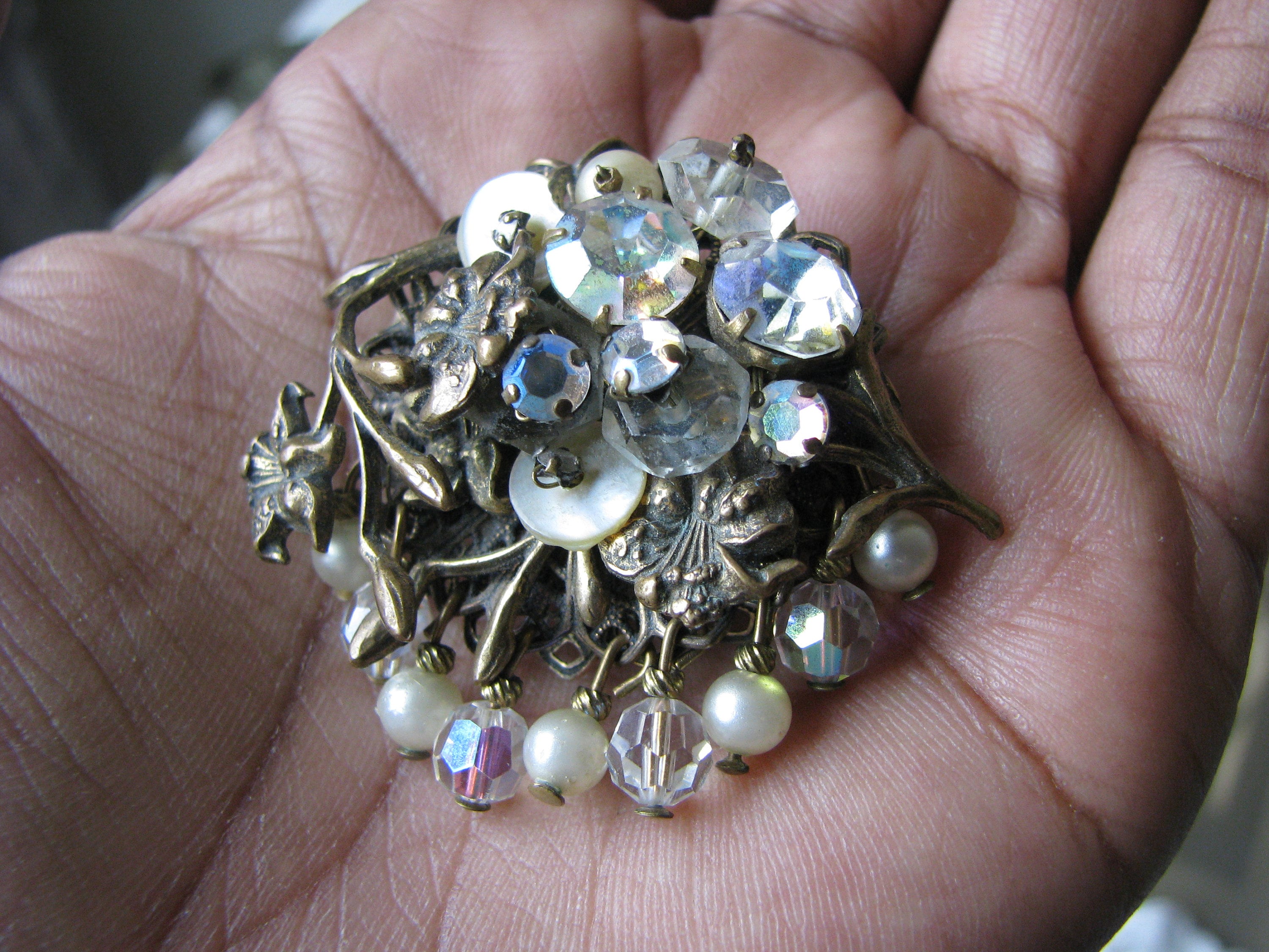 Vintage Miriam Haskell Style Brooch, Brass Filigree Rhinestone
