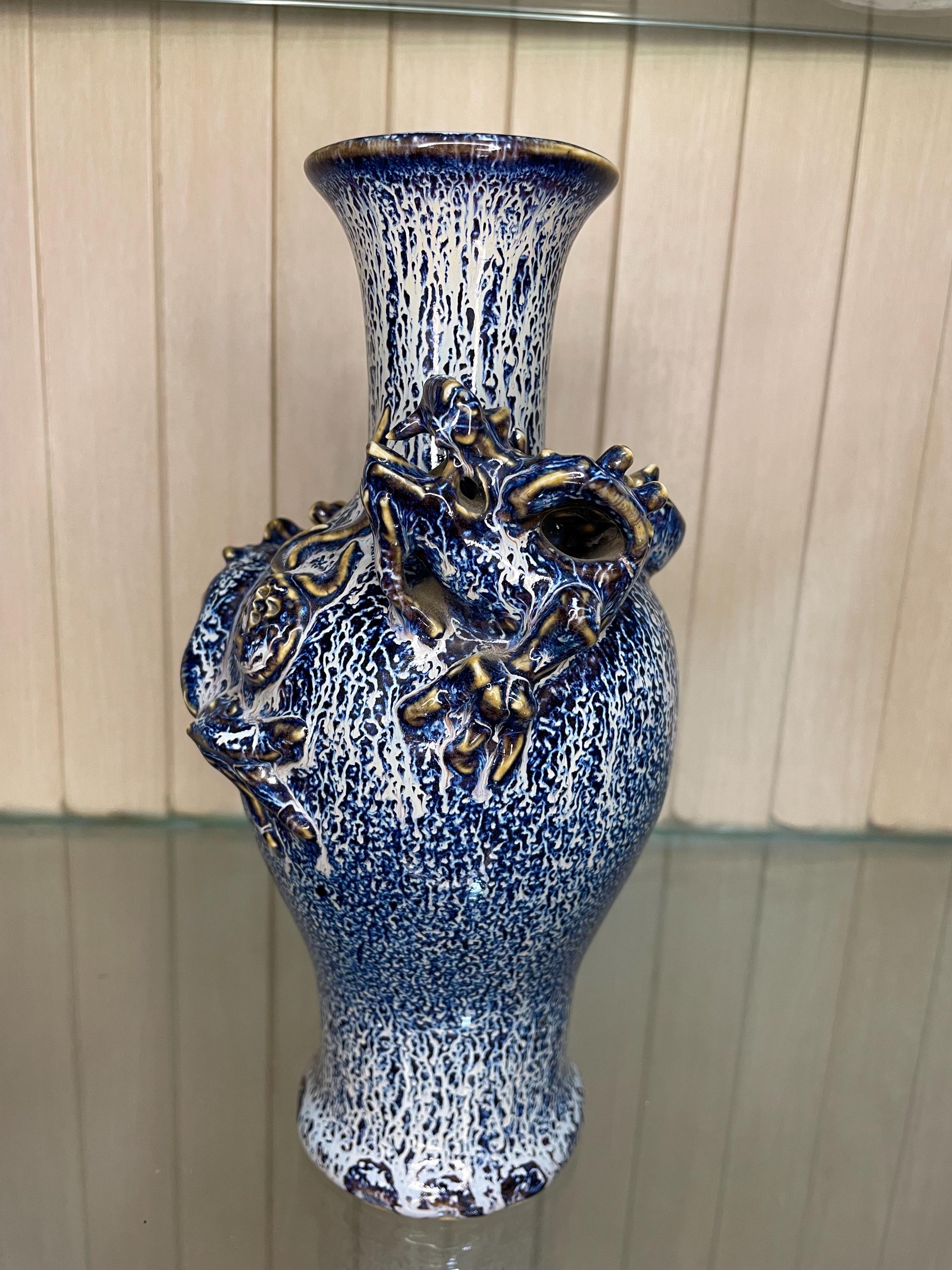 ドラゴン装飾の陶器花瓶 ドラゴン彫刻 陶器 花瓶 約50cm ドラゴン装飾