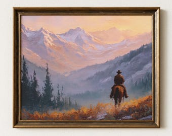 真作】絵画 油彩 夕暮れのカウボーイと馬 牧場風景 ウエスタンアート