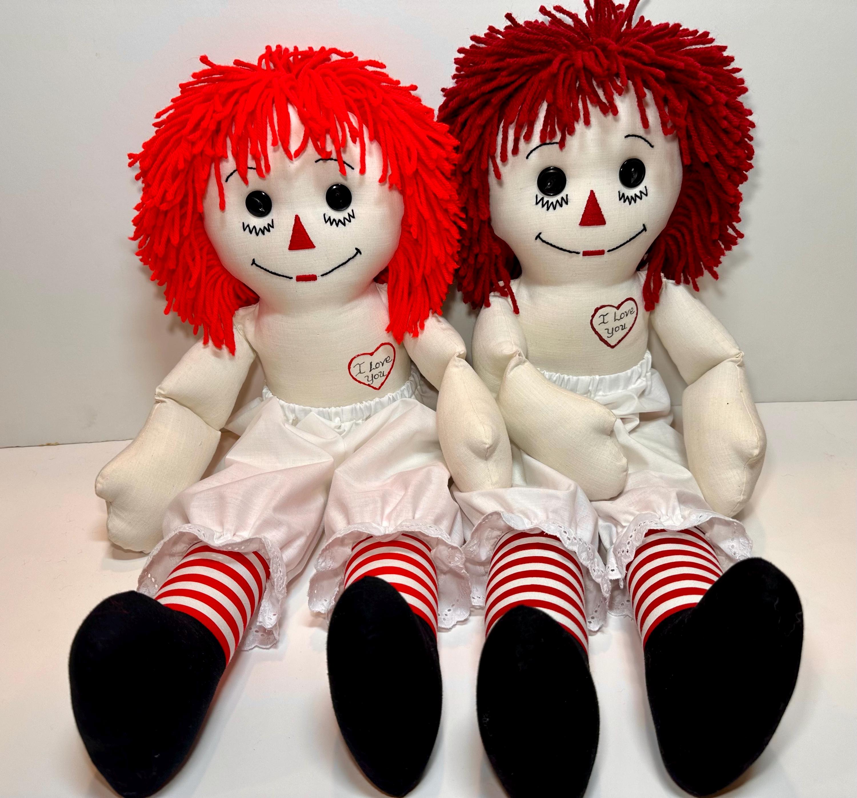 Pair of 36 Inch Handmade Raggedy Ann and Raggedy Andy Dolls; Red