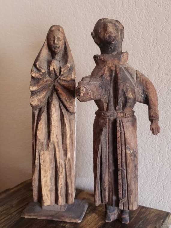 Large Rustic Antique European Stripped Carved Wood Santo Altar