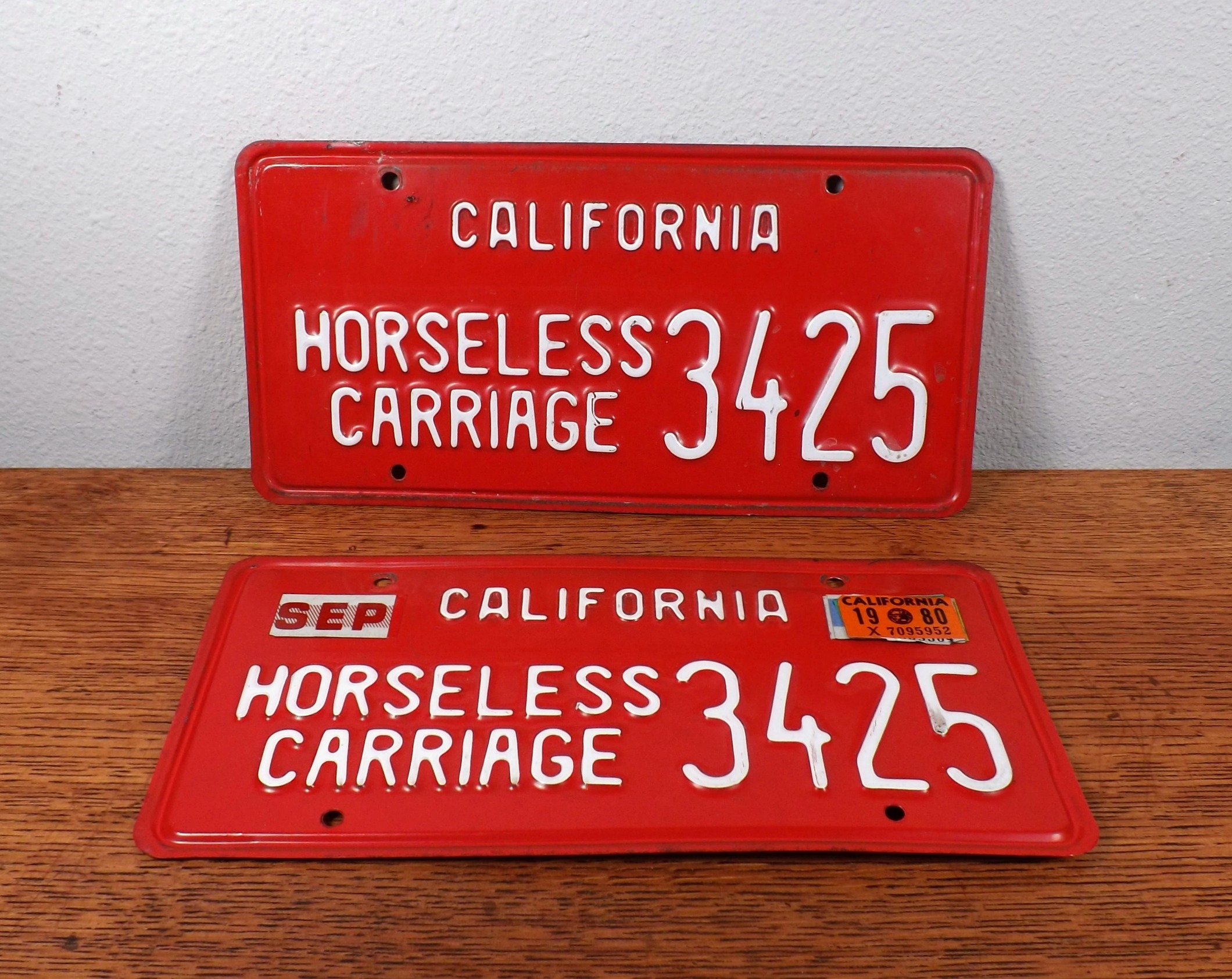 Vintage California Horseless Carriage License Plate Pair - Red