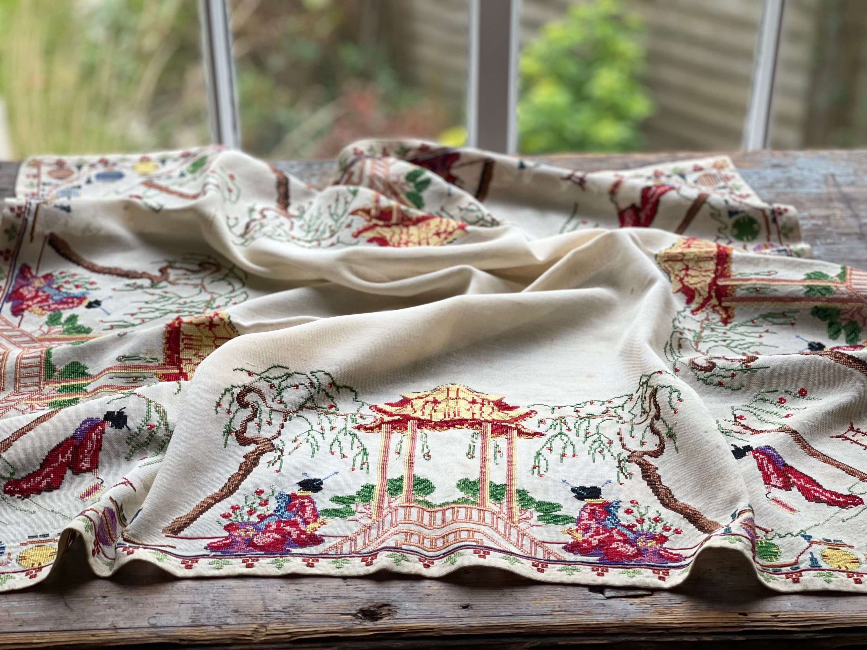 Japanese Inspired Cross Stitch Cloth 1930 English Embroidery