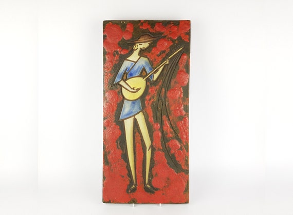 Rare Vintage Red RUSCHA KERAMIK Fat Lava Wall Plate With Musician