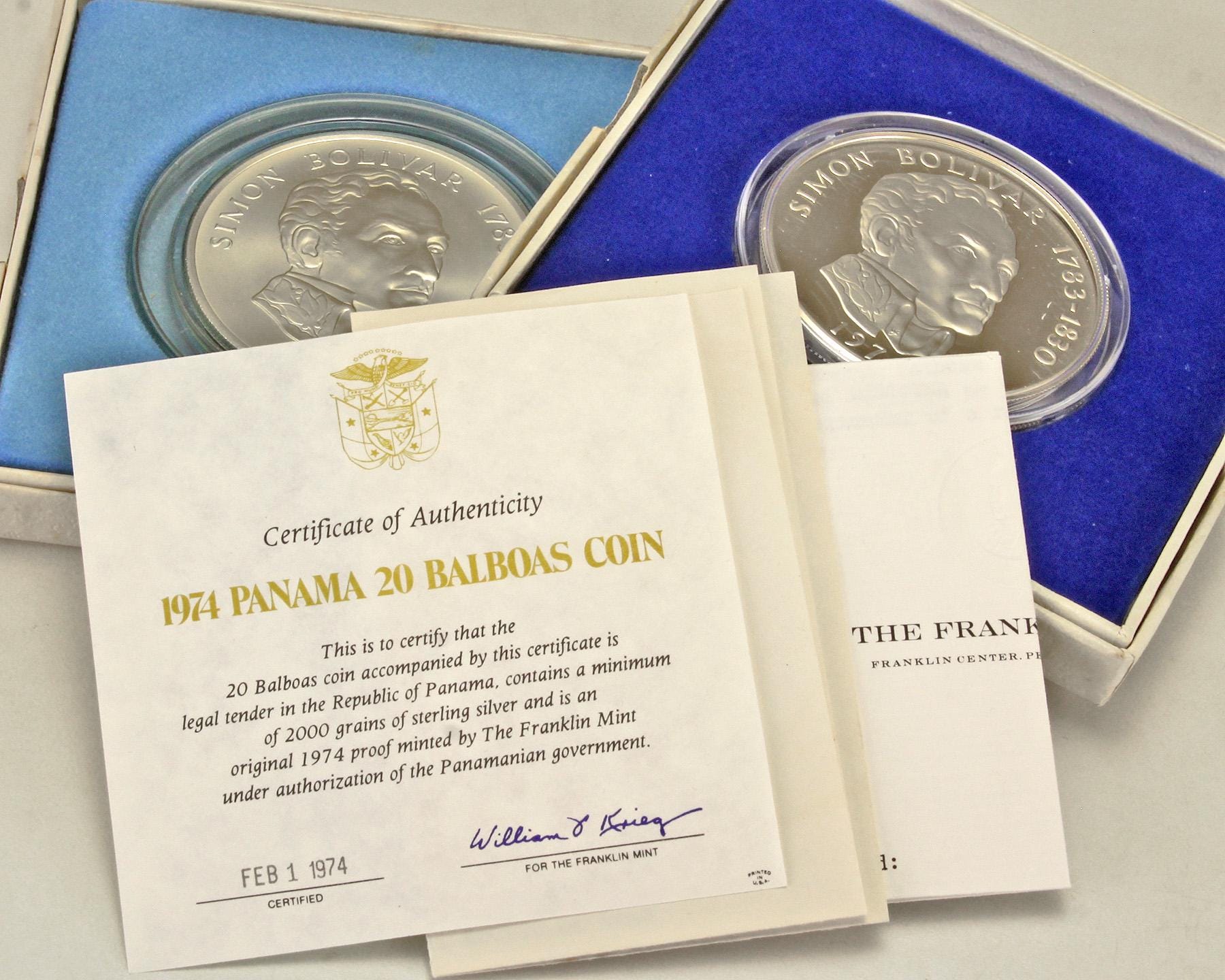 1973 and 1974 Panama Silver 20 Balboas Simon Bolivar Proof Coins W
