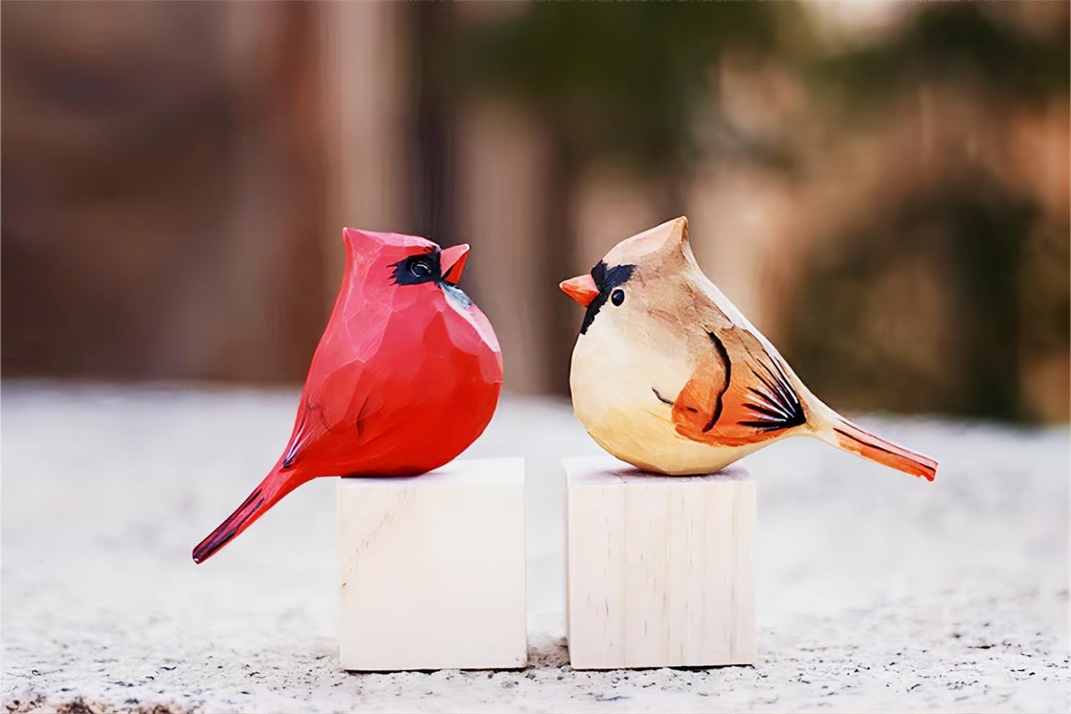 Small Carved Wooden Northern Cardinal Figurines, 3PCS Handmade
