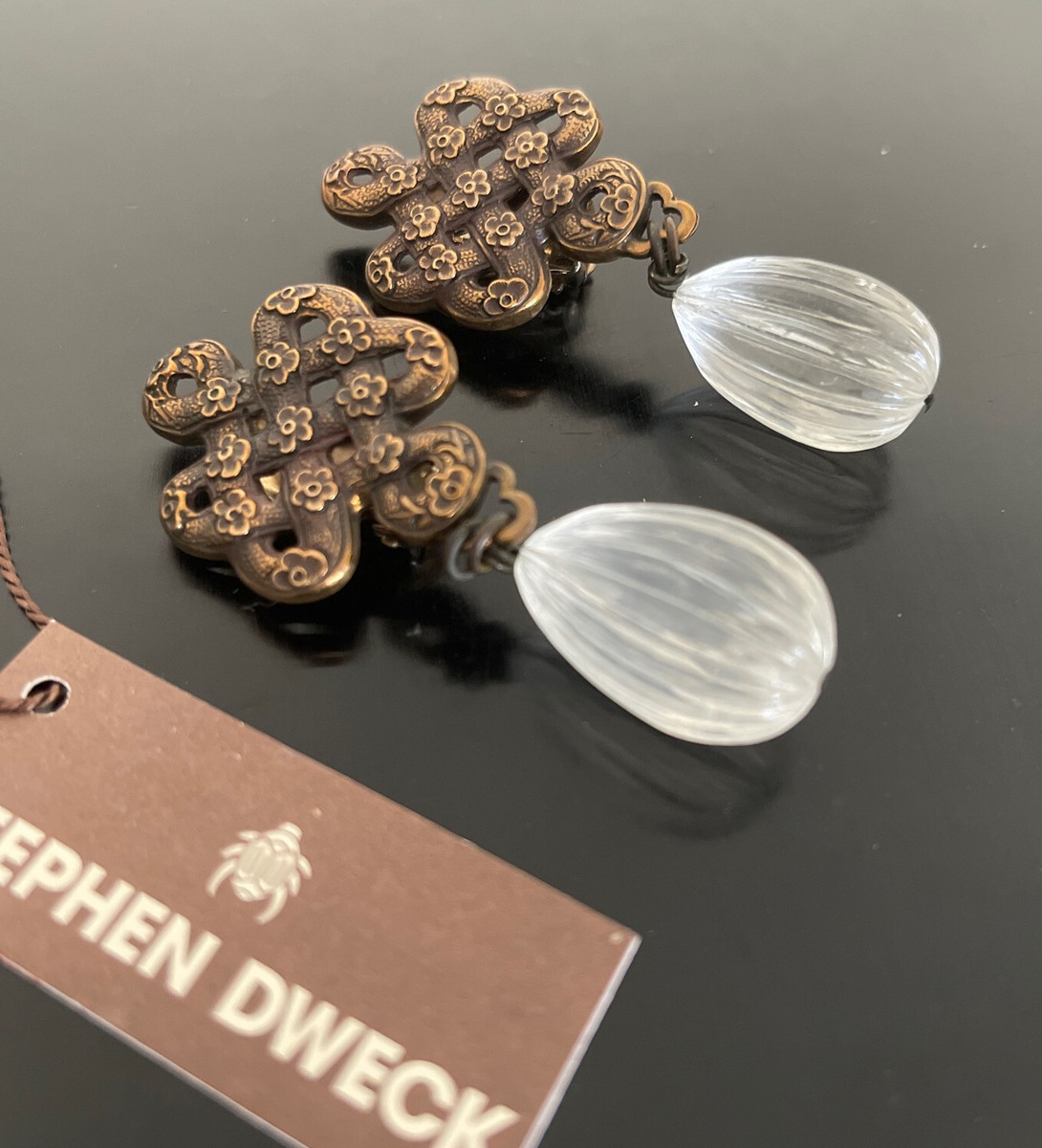 STEPHEN DWECK Vintage Large Carved Glass Dangle Sterling Silver