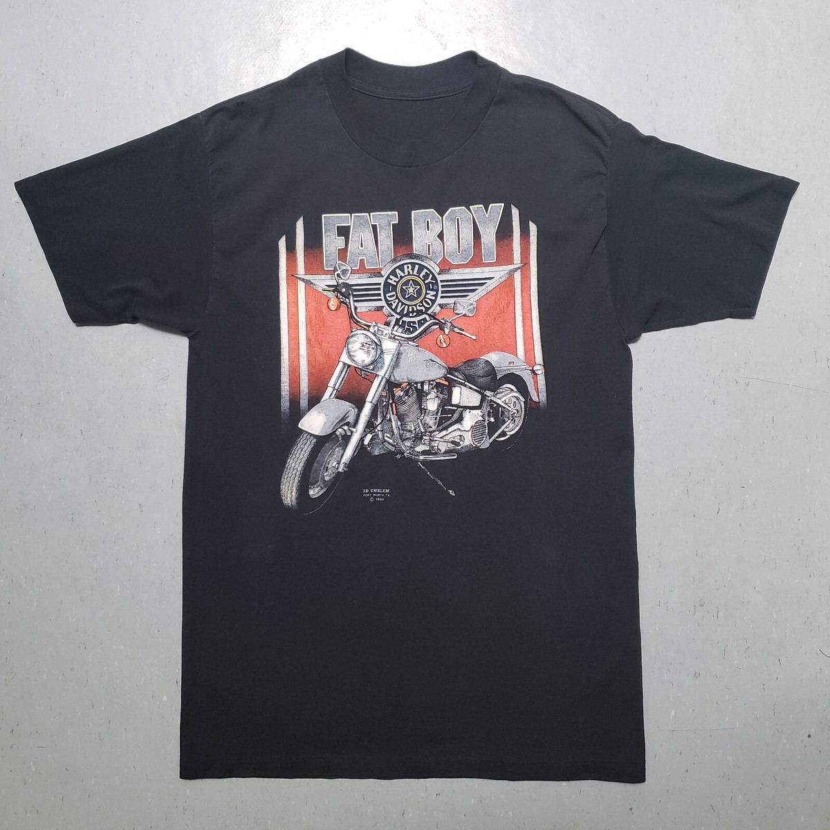 Vtg 3D EMBLEM Tshirt Harley Davidson Fat Boy Made in USA 1990