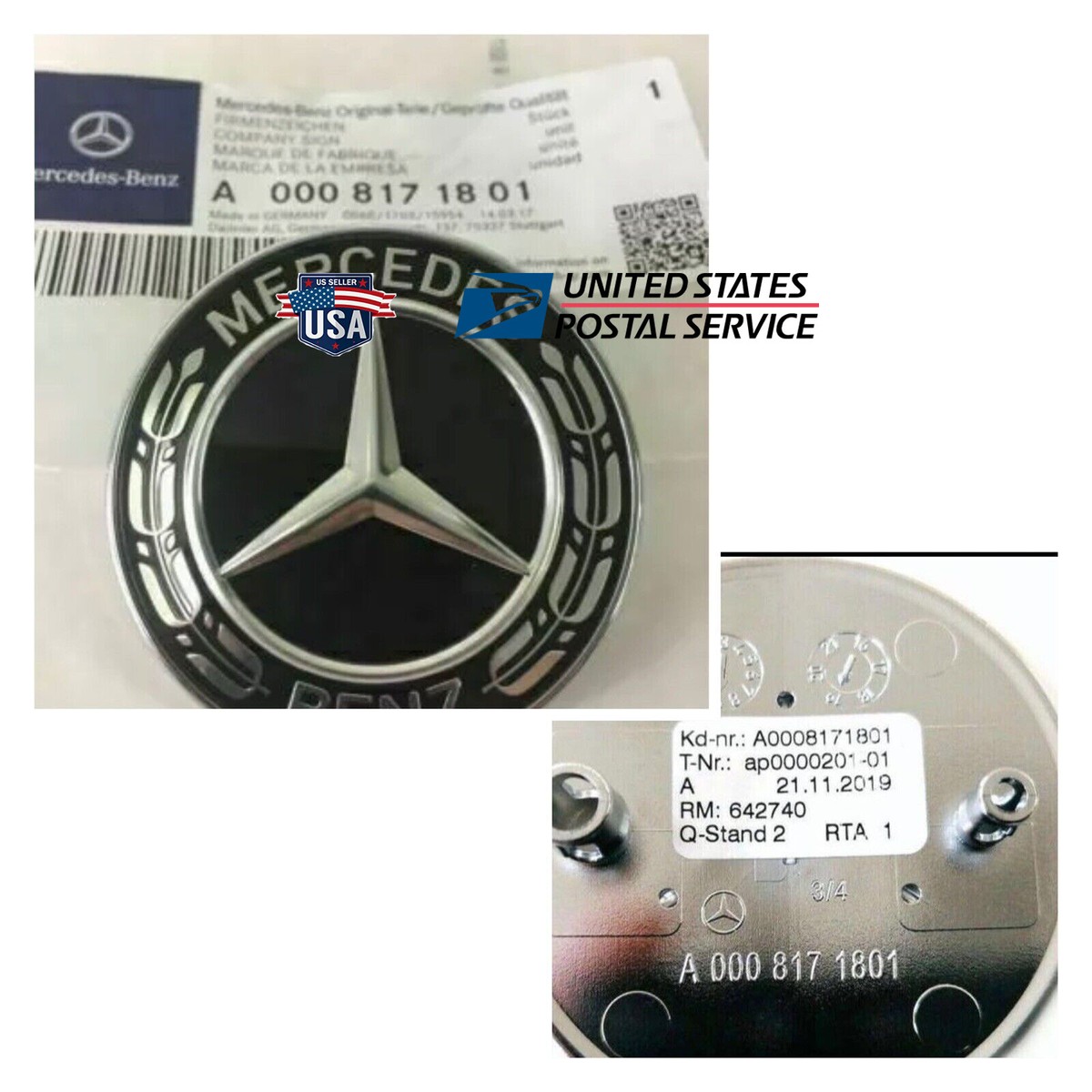 Mercedes-Benz Black Wreath Flat Bonnet Badge Emblem A0008171801