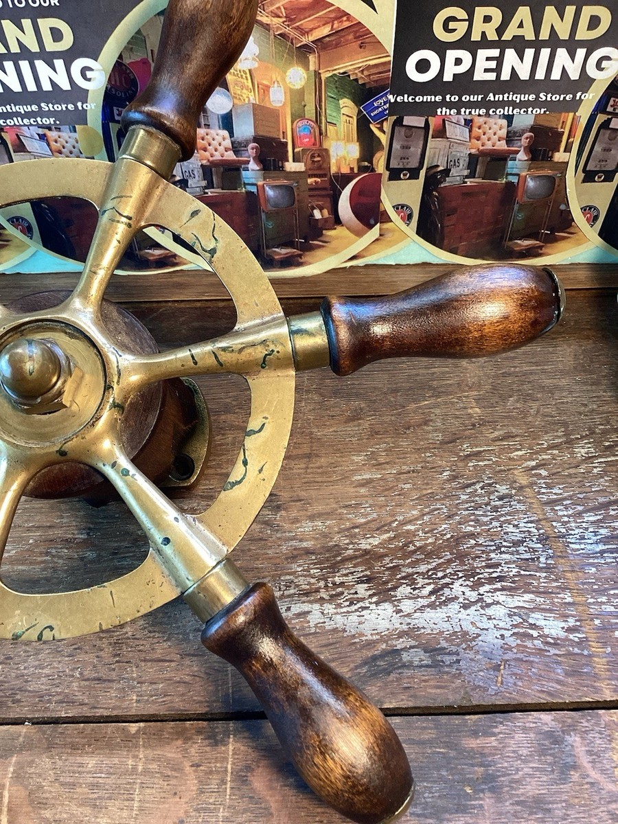 ANTIQUE 12” SHIP BOAT STEERING WHEEL BRASS WOOD NAUTICAL 6 HANDLE