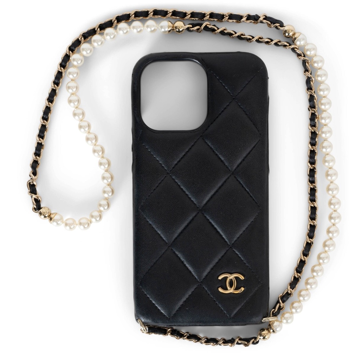 71441 auth CHANEL black leather IPHONE 13 PRO MAX Case w Pearl