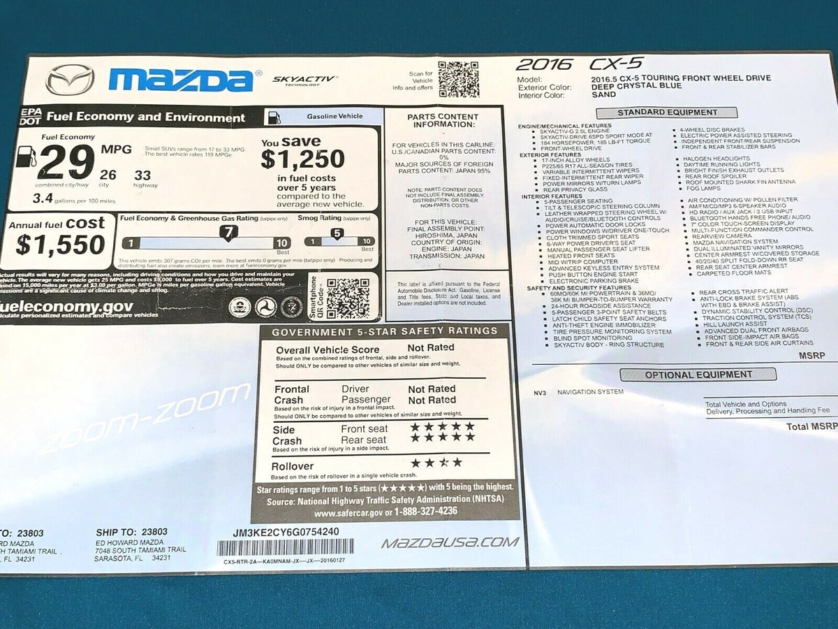 2016 Mazda CX-5 Touring Monroney Label Window Price Sticker | eBay