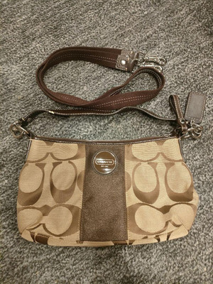 Coach Canvas Shoulder Bag Auth Beige Brown Signature Pattern Women
