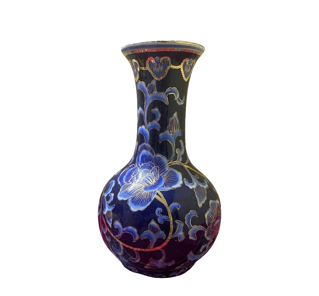 中国古玩 青花蓮紋大壺 高さ約38.5cm 幅約31.5cm