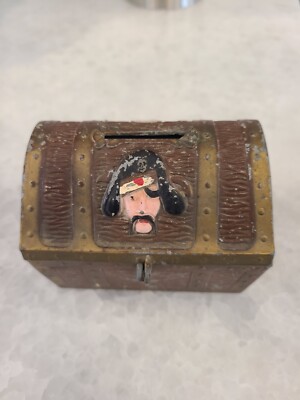 Vtg Metal E. J. Kahn Co. Pirate Skull Treasure Chest Coin Bank