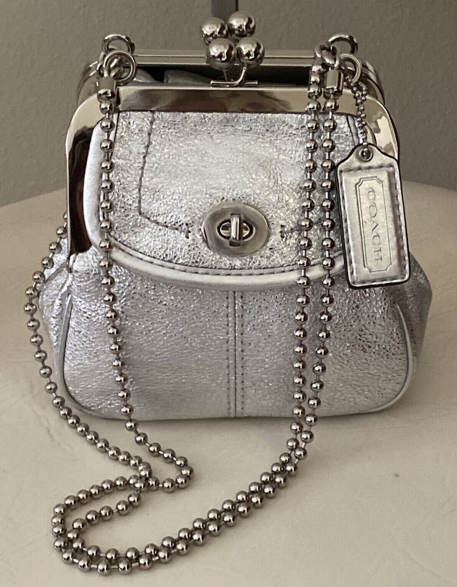 COACH METALLIC SILVER LEATHER DOUBLE KISSLOCK SATCHEL BEAD CHAIN