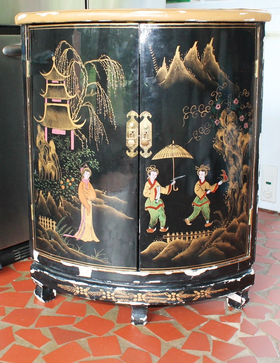 Vtg Oriental Chinese Furniture Black Lacquer Corner Cabinet Girl