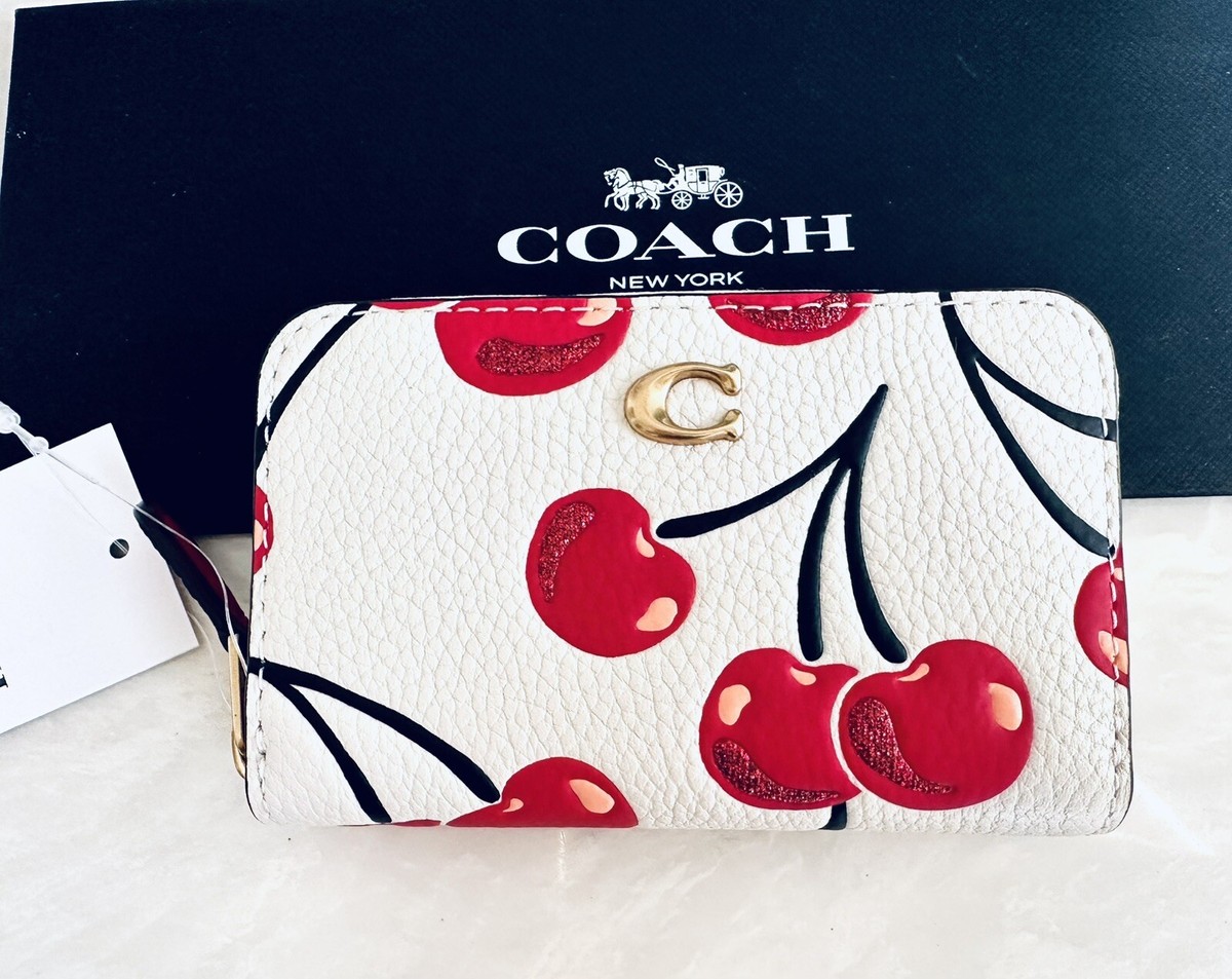 NWT COACH CHERRY GLITTER CHALK/MULTI SMALL ZIP AROUND CARD CASE