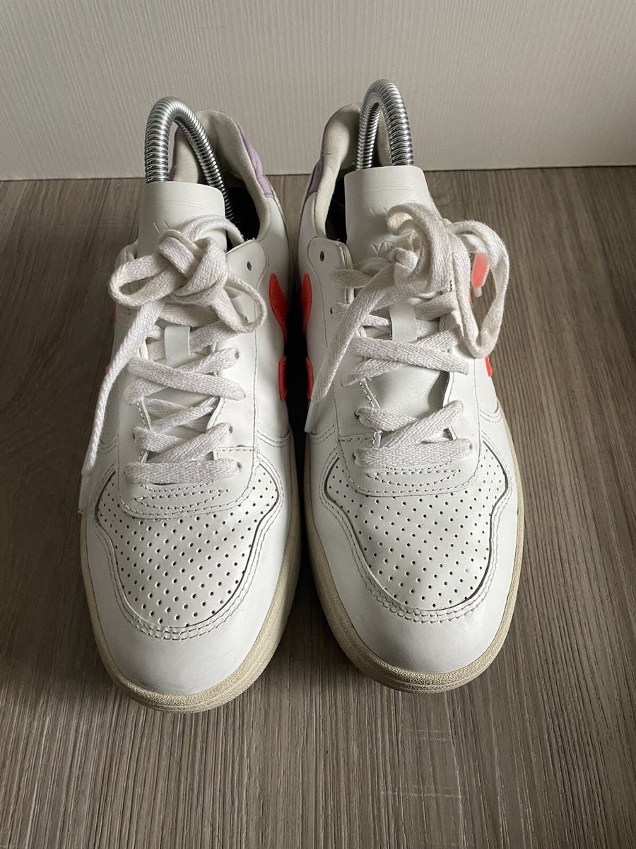 Veja X Madewell V-10 Leather Sneakers in Lilac and Neon Orange