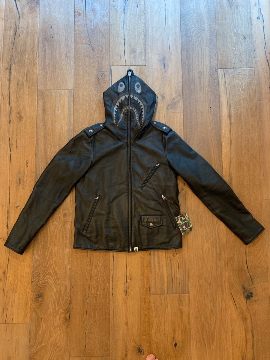 A Bathing Ape BAPE Sheepskin Leather Shark Riders Jacket OG L | eBay